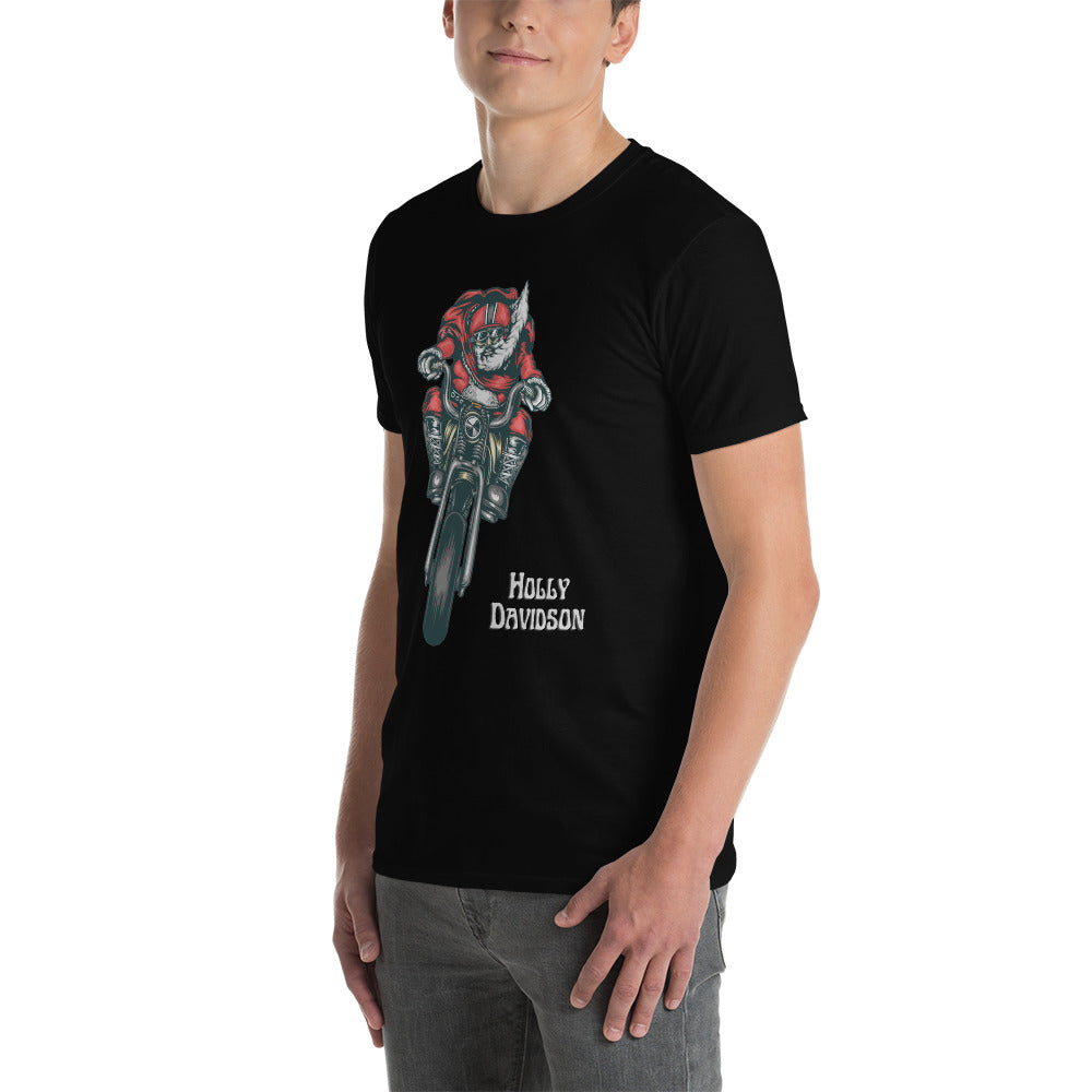 Holly Davidson Short-Sleeve Unisex T-Shirt, Santa on a Motorbike, Christmas Gift for Bikers
