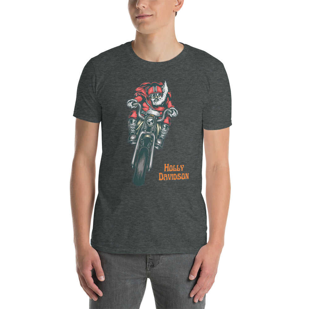 Holly Davidson Short-Sleeve Unisex T-Shirt, Santa on a Motorbike, Christmas Gift for Bikers