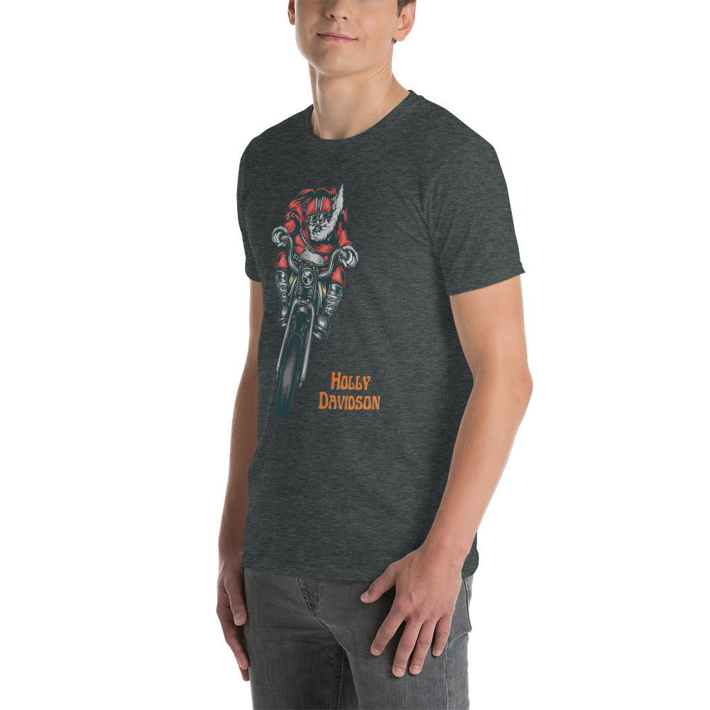 Holly Davidson Short-Sleeve Unisex T-Shirt, Santa on a Motorbike, Christmas Gift for Bikers