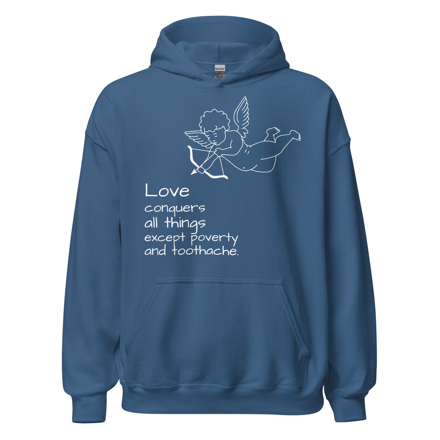 LOVE Conquers All Things Except Poverty and Toothache Unisex Hoodie, Mae West Quote, Cinema Quote, Funny design, (anti) valentine design