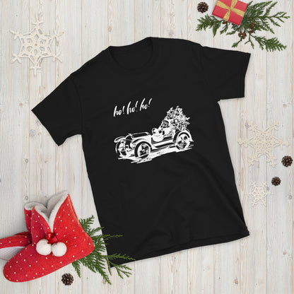 Ho! Ho! Ho! Christmas Short-Sleeve Unisex T-Shirt, Motorized Santa, Santa in a Car