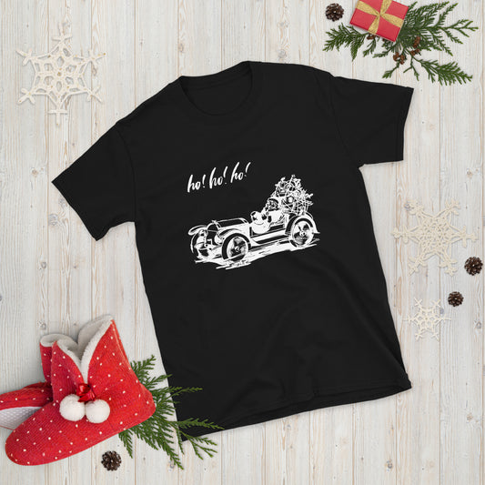 Ho! Ho! Ho! Christmas Short-Sleeve Unisex T-Shirt, Motorized Santa, Santa in a Car