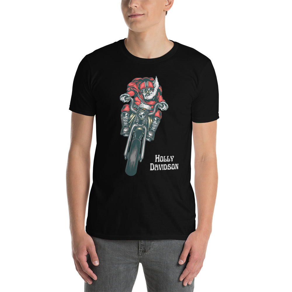 Holly Davidson Short-Sleeve Unisex T-Shirt, Santa on a Motorbike, Christmas Gift for Bikers