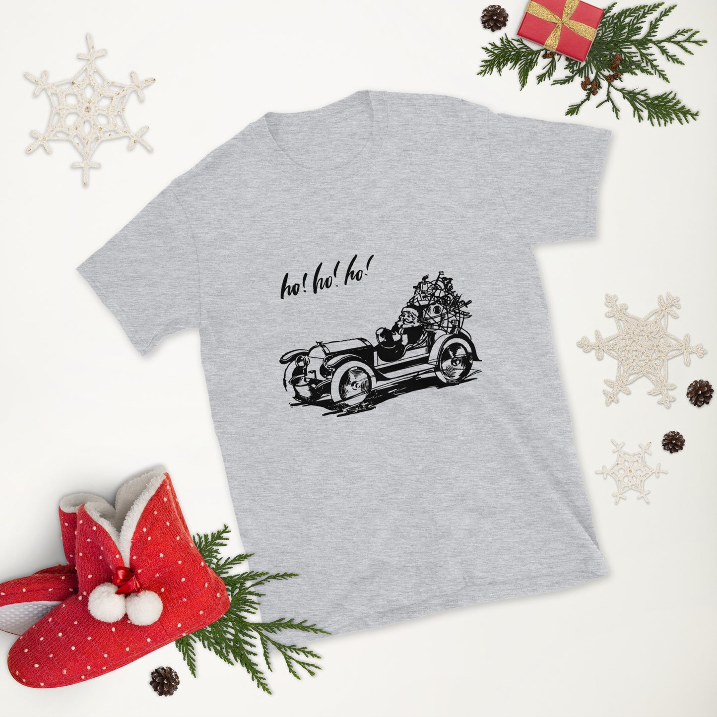 Ho! Ho! Ho! Christmas Short-Sleeve Unisex T-Shirt, Motorized Santa, Santa in a Car