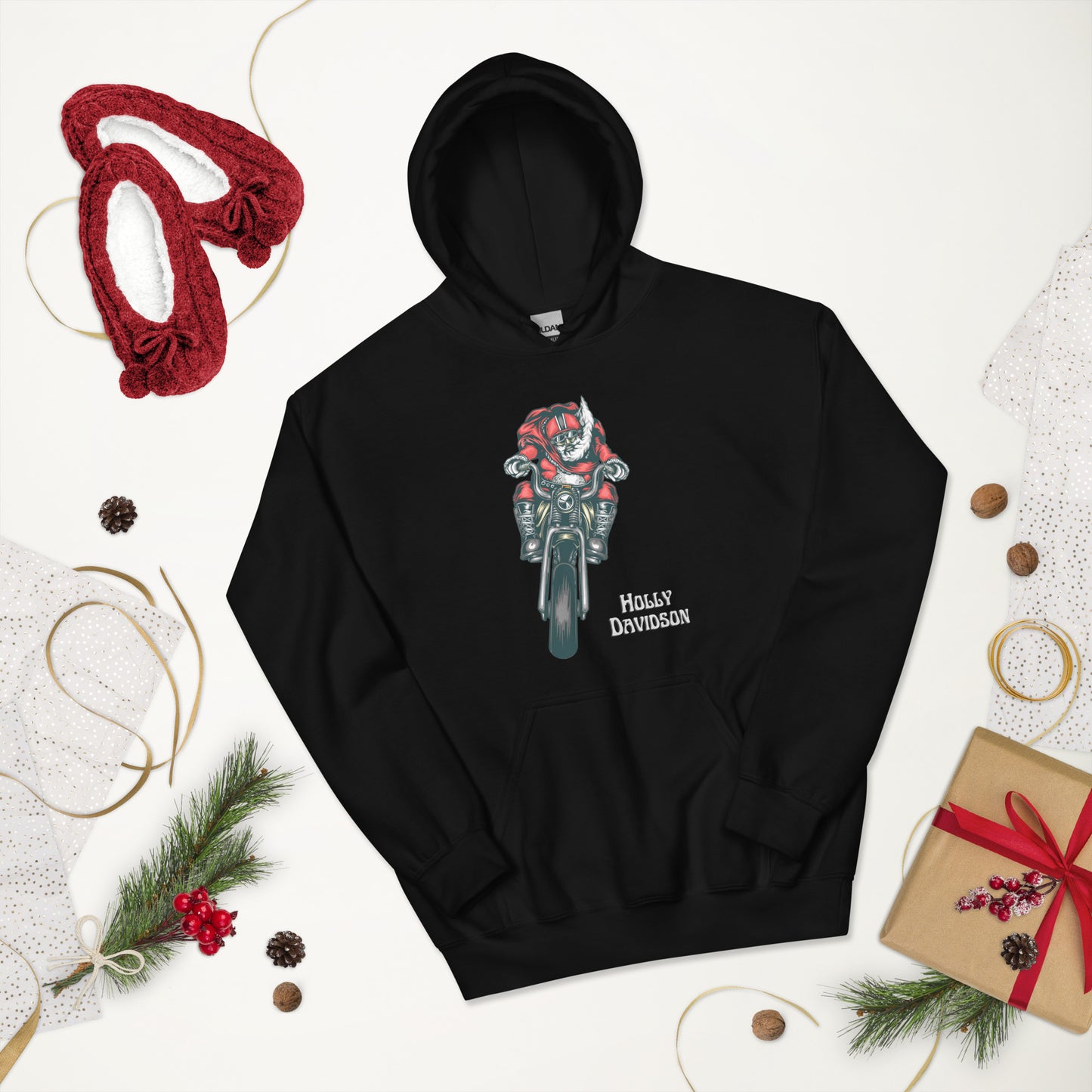 Holly Davidson Unisex Hoodie, Santa on a Motorbike, Christmas Gift for Bikers